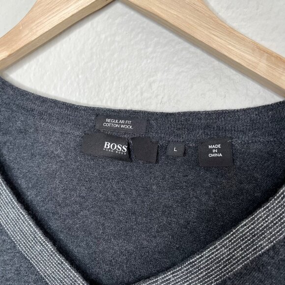 Boss Hugo Boss Mens Dark Gray V-Neck Cotton Wool Blend Pull Over Sweater Large - Picture 4 of 9